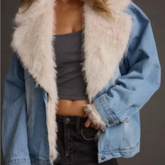 12th Tribe Denim Jacket with Faux Fur Trim - Picture 1 of 3